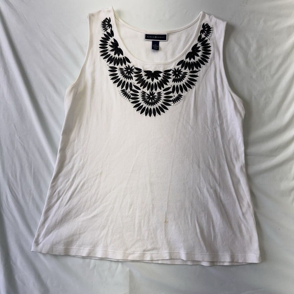 Karen Scott Women’s White Sleeveless Tank Top XL Embroidered Neckline Blouse